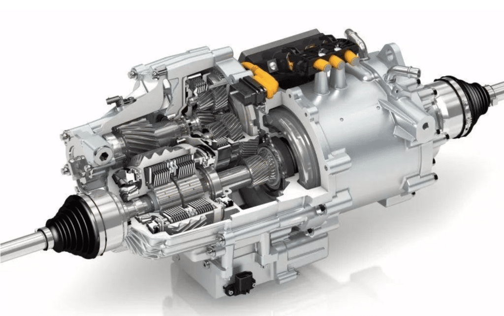 Eje de accionamiento eléctrico coaxial GKN y su vista interior.
